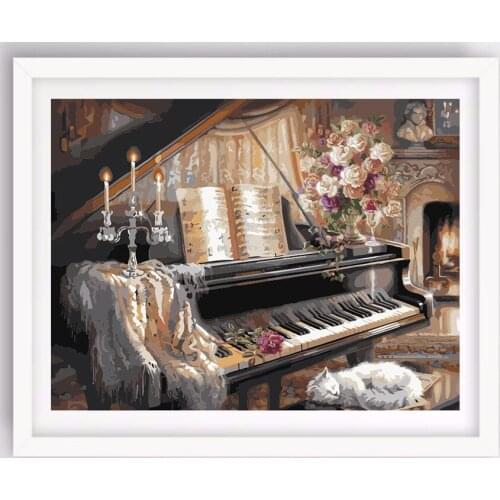 Hand painted canvas painting vintage home decor wall pictures for living room painting by numbers Piano cat picture TF25