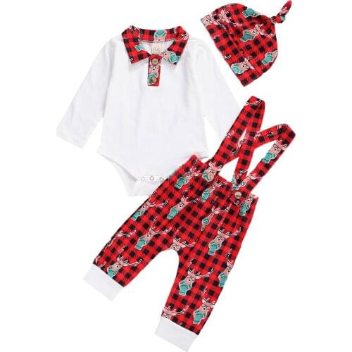 3 Piece Set Baby Girl Christmas Outfits Casual Lapel Long Sleeve Bodysuits Jumpsuit Printed Suspender Pants with Hat Xmas Sets