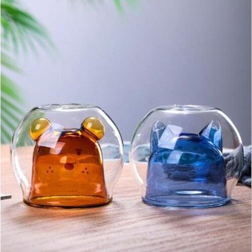 Creative Double-layer Glass Cup Lovely Cartoon Cat Bear Color Wine Glass Whiskey Glass for Red Wine Whiskey Beer Watter