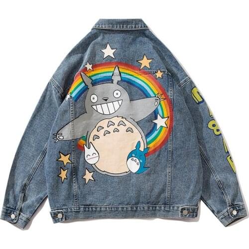 Japan Style New Cartoon Totoro Denim Clothes Men Couple Loose Jacket Graffiti Print Handsome Street Hip Hop Coats