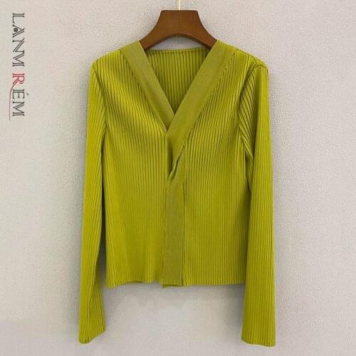 LANMREM 2021 Autumn New Pleated Top For Women Simple Casual Solid Color Female Long-sleeved V-neck Slim T-shirt 2W310