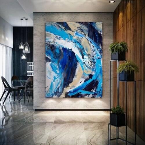 Best Art Blue and White Abstract Oil Painting Canvas Handmade Painting Home Decor Oil Painting Artwork Living Room