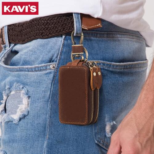KAVIS Genuine Leather Mens Key Organizer Bag Quality Fashion Multi-function Male Keychain Car Key Holder Case Zippers Mini Bag