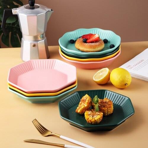 Nordic simple creative octagonal plate ceramic deep plate household fruit plate popular platter tableware lace dinner plates