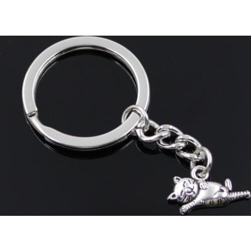 New Fashion Men 30mm Keychain DIY Metal Holder Chain Vintage Lazy Cat 20x12mm Silver Color Pendant Gift