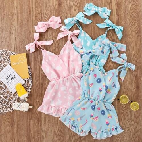 Children Girl Clothes Sleeveless Jumpsuit+Headband Cute Bunny Pattern Elastic Waist Summer Clothing Rompers