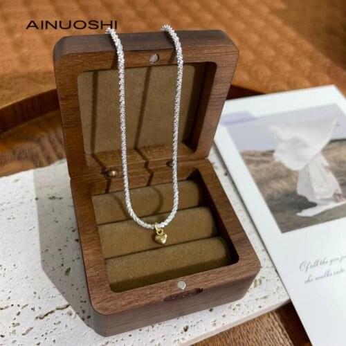 AINUOSHI 925 Sterling Silver Heart Shape Pendant Necklace Shiny Clavicle Chain Choker Necklace for Women Gift collares bijoux