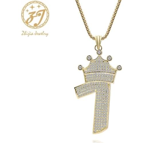 Zhijia luxury rhinestone crystal crown seven shape pendant necklace for women men lucky necklace