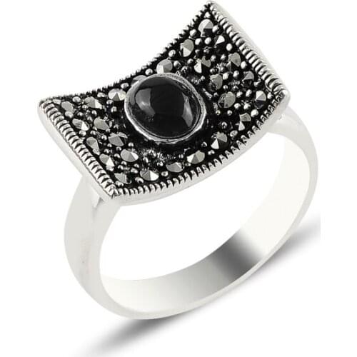 Silver 925 Sterling Onyx & Marcasite Ring