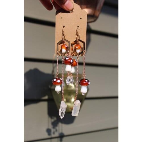 Handmade Mushroom Quartz Earrings // Woodland Earrings. Fairy. Crystal Jewelry