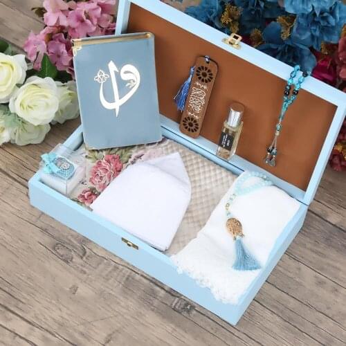 Special Wooden Box Blue, Quran, Prayer Rug, Shawl, Cap, Bookmark, Dhikr, Essence, Rosary Set FREE SHİPPİNG