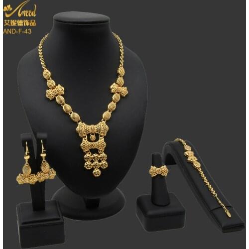 African Gold Jewelry Set For Women Wedding 24k Gold Plated Bridal Long Necklace Earrings Bracelet Ring Set Big Dubai Ornament