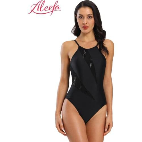 Womens One Piece Swimsuits Irregular Sequins Bathing Suits Black Swimwear