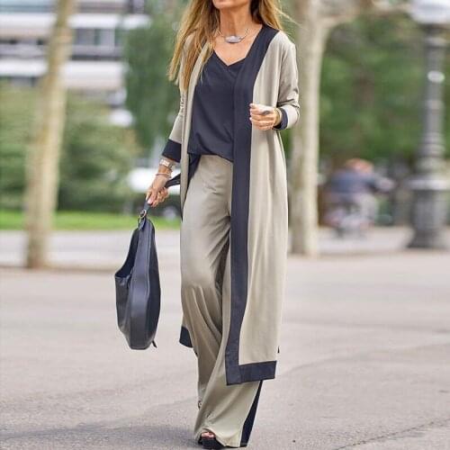 Casual Women Long Cardigan & Sling Tops & Loose Pants Sets Elegant Patchwork Lady Outfits Suits Fashion Femme 3Pc Sets Steetwear