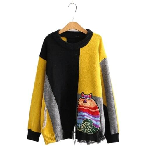 Womens Hit Color Matching Knitted Sweater Girl Harajuku Knitted Warm Sweet Sweaters Loose Pullover 2010649