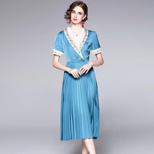 Runway Embroidered Beaded Notched Summer Dress Women Double Bresated Pleated Midi Casual Office Party Vestidos k9969