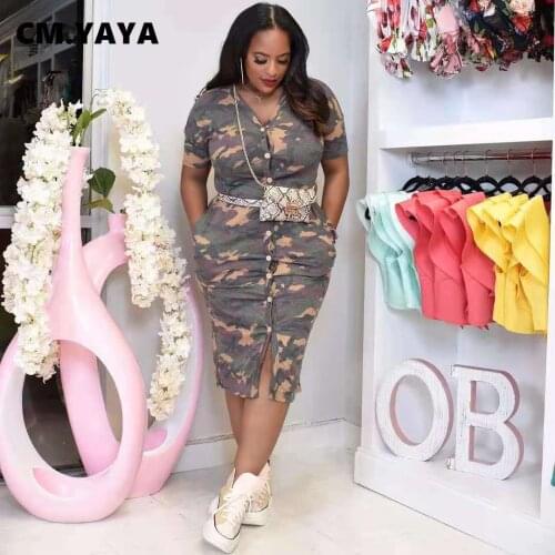 CM.YAYA Women Midi Dress Print Short Sleeve V-neck Single Breasted Stretchy Skinny Pencil Dresses Office Lady Outfit Summer 2021