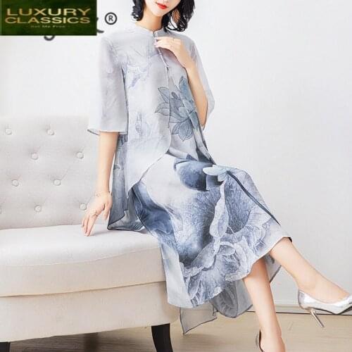 Real Vintage Summer 100% Silk Dress Women Natural Beach Floral Long Vestidos Elegant Ladies Blue Boho Party Dresses B8888