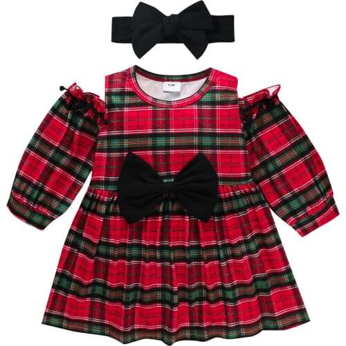 0-3Y Girls Christmas Dress Red Plaid Long Sleeve Off Shoulder Bow Clothes Baby Girl Xmas Dress Headband Outfit