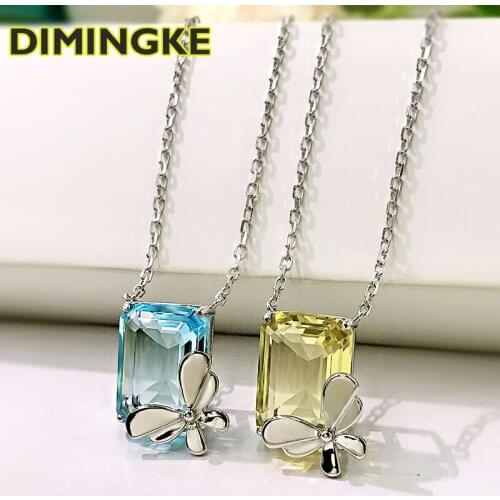 DIMINGKE Butterfly Super Flash Yellow Blue Diamond Necklace Womens Party Birthday Jewelry 100%-S925 Sterling Silver