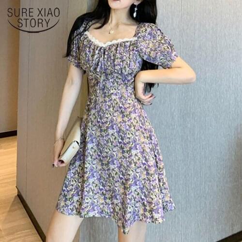 Ladies Sweet Vintage Dress Summer 2021 New Style Printed Mini Dress Puff Sleeve Square Neck Floral Dresses Robe Femme 14947