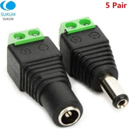5 Pairs Female Male DC Power Connector Plug Adapter 5.5mm x 2.1mm For 5050 3528 5060 Single Color LED Strip And CCTV Cameras