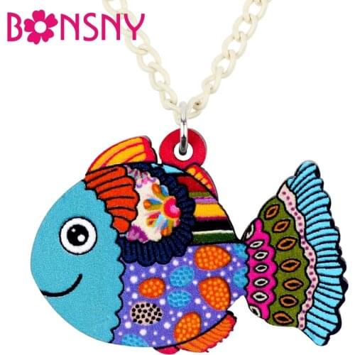 Bonsny Acrylic Cartoon Floral Fish Necklace Pendant Chain Collar Ocean Animal Jewelry For Women Girls Teens Kids Gift Wholesale