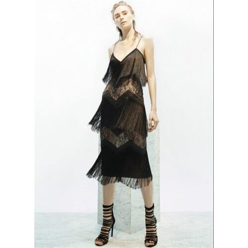 Top Quality Black Cotton V-Neck Tassel Fashion Bodycon Sexy Womens Dress Celebrity Night Party Dress