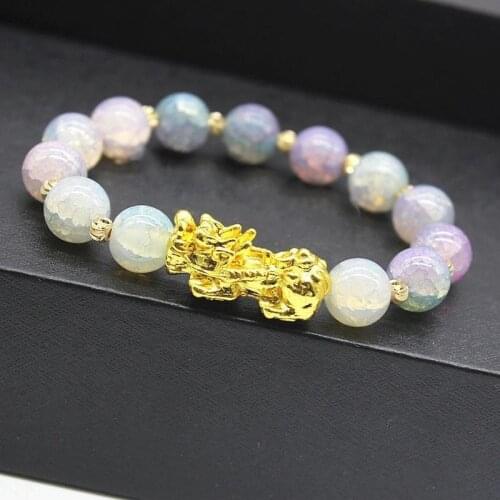 Fengshui Pixiu Bangles Bracelet Chinese Lucky Enegry God Beast Pixiu Gold-plated Colorful Beads Bracelet Daily Dressed Jewelry