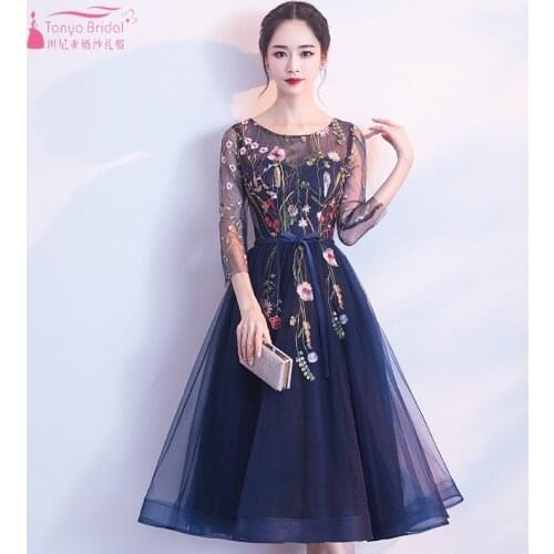 Half Sleeves Scoop Neck Navy Blue Knee Length Bridesmaid Dresses Lady New Wedding Party Dress Gown Formal Dresses JQ125