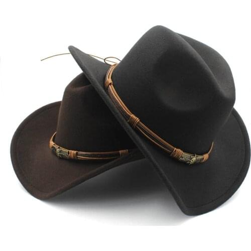 Fashion Womens Mens Wool Hollow Western Cowboy Hat With Sun God Belt Cowgirl Jazz Toca Sombrero Godfather Cap Size 56-58CM