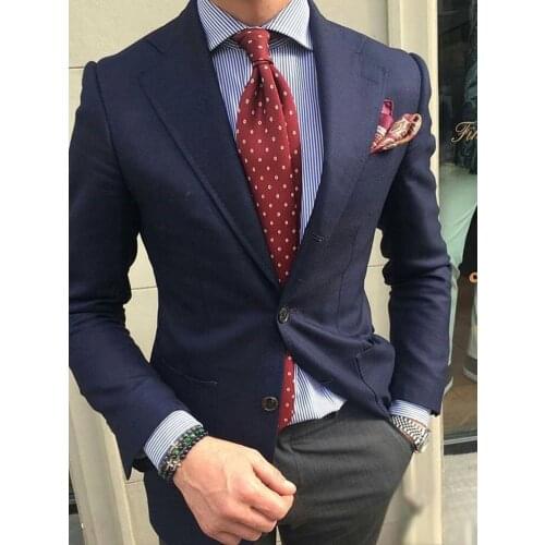 ANNIEBRITNEY Navy 2 Piece Slim Fit Men Suit With Grey Stripe Pants Custom Skinny Groom Wedding Tuxedo Prom Wedding Men Suit Set