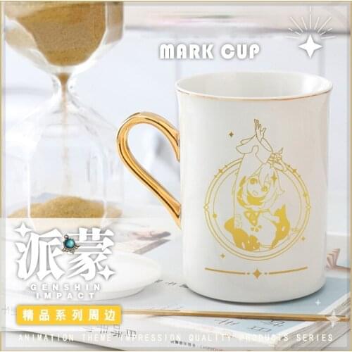 Game Genshin Impact Paimon Ceramic Tea Cups Coffee Water Mug Cup Gold Stamping Spoon + Cup + Lid Cosplay Props Gift Set