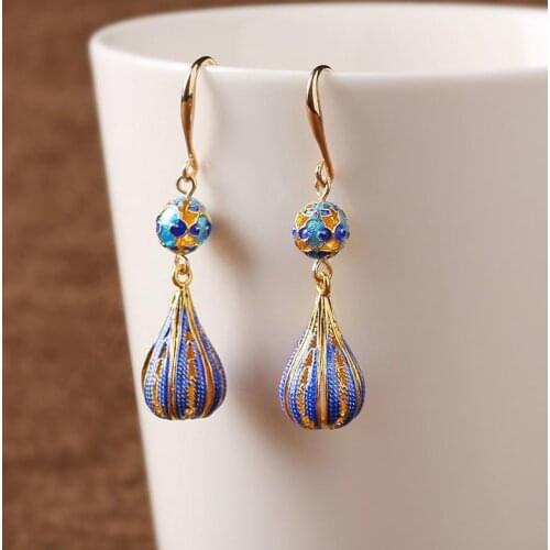Independent design summer ladies new enamel porcelain hollow earrings antique exquisite long banquet party silver jewelry