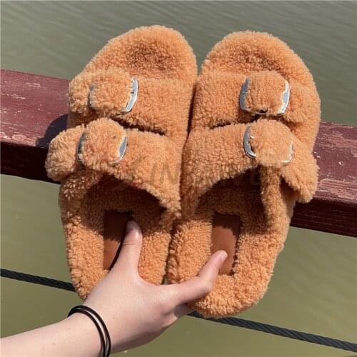 Wholesale Fur Slides Genuine Wool Open Toe Womens Real Fur Slippers ,Outdoor Flats Sandals Women 2021 Slides shoes