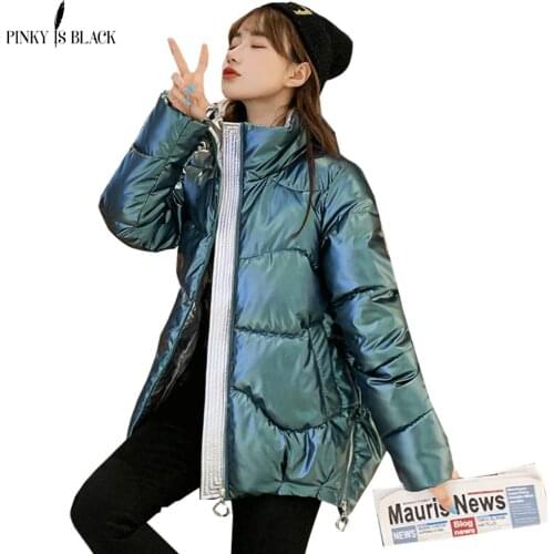 PinkyIsBlack 2020 Autumn Womens Winter Coats Fashion Glossy Stand Collar Parkas Winter Jacket Women Shinny Padded Cotton Coat