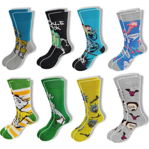 A Pair of Cartoon Characters and Animals Mixed cotton Mens Socks Black Blue Yellow Gray Tube Skateboard Crew Socks