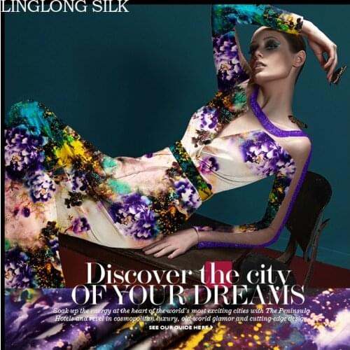 PRINTED SILK STRETCH SATIN 118cm width 19momme/Pure Mulberry Silk Tissus For Wedding Dresses Sewing Classic Purple Peony