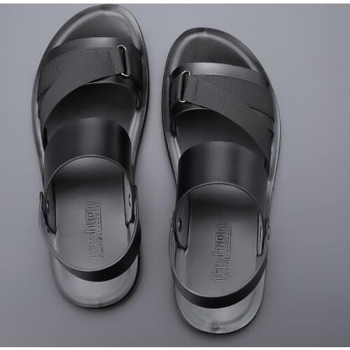 Yomior New Summer Soft Leather Men Shoes Casual Flats Slip-On Comfortable Mens Sandals Beach Work Flip Flops Slippers Black Blue
