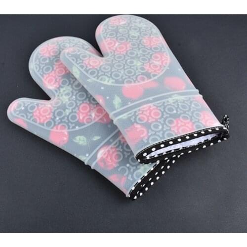 2pc Silicone Kitchen Gloves Heat Resistant Oven Mitts Thicker Silicone Cooking Glove Microwave Oven Kitchen Print Gloves