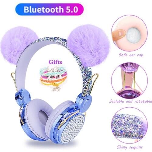 Cute Girl Kids Headphone with Mic,Blue-tooth 5.0 Stereo Music Earphone Computer Mobile Phone Headset Kid Gifts Fone