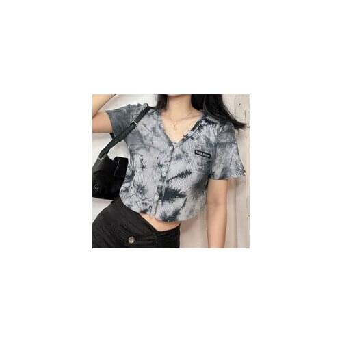2021 Summer Womens Fashion Tie Dye Crop Tops Sexy V Neck Short Sleeve Slim Fit Ribbed Knit T-Shirts Grey