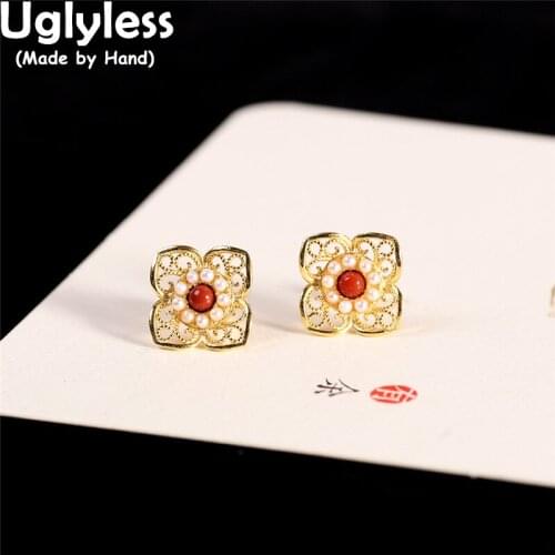 Uglyless Hollow Pearls Flowers Studs Earrings for Women Natural Agate Brincos Gold 925 Silver Ethnic Earrings Gemstones Jewelry