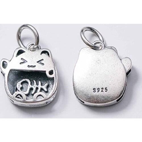 925 Sterling Silver Cartoon Design Cat and Fish Design Vintage Charms Stamp S925 Matte Silver Pendants DIY Jewelry Accessories