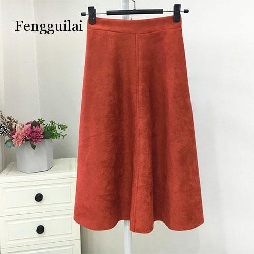 Suede Midi Skirt Women Fashion 2020 Autumn Winter Korean Knee Length A-line High Waist Skirt Female Casual