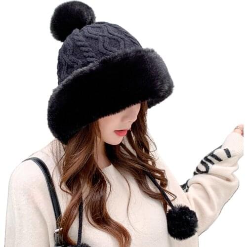 Women Winter Warm Thicken Plush Cable Knit Bomber Hat Solid Color Cute Pompom Windproof Snow Ski Earflap Trapper Cap