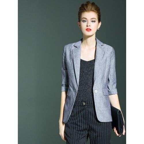 Blazers Women Suit 80% Linen 20% Silk Striped Three-quarter Sleeves Single Button High Quality Work Clothing 2018 New Fashion