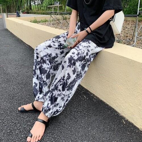 Tie-dyed ankle-length trousers womens summer 2021 new loose high waist drape and thin ink color Harlan casual thin trousers