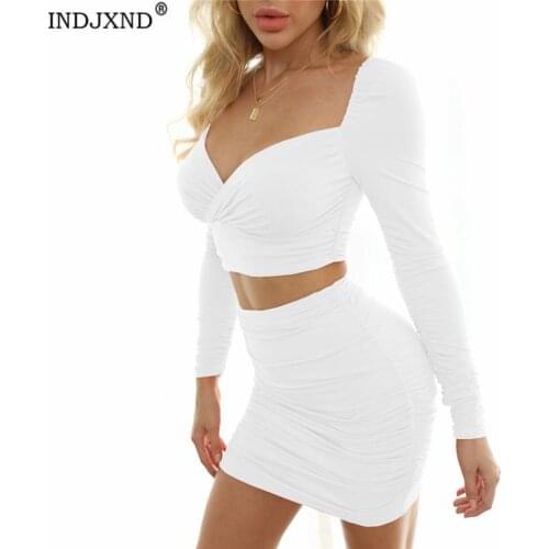 INDJXND Two Piece Set Women Long Sleeve Square Collar Crop Top White Sexy And Mini Bodycon Skirt Lady Casual Black Khaki Outfit