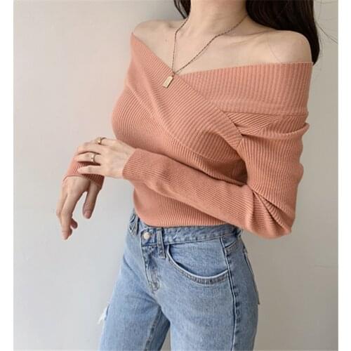 High Quality Beige Slim Bottoming Sweater Women 2021 Autumn Winter Korean Fashion V-Neck&Slash Neck Long Sleeve Jumper Tops